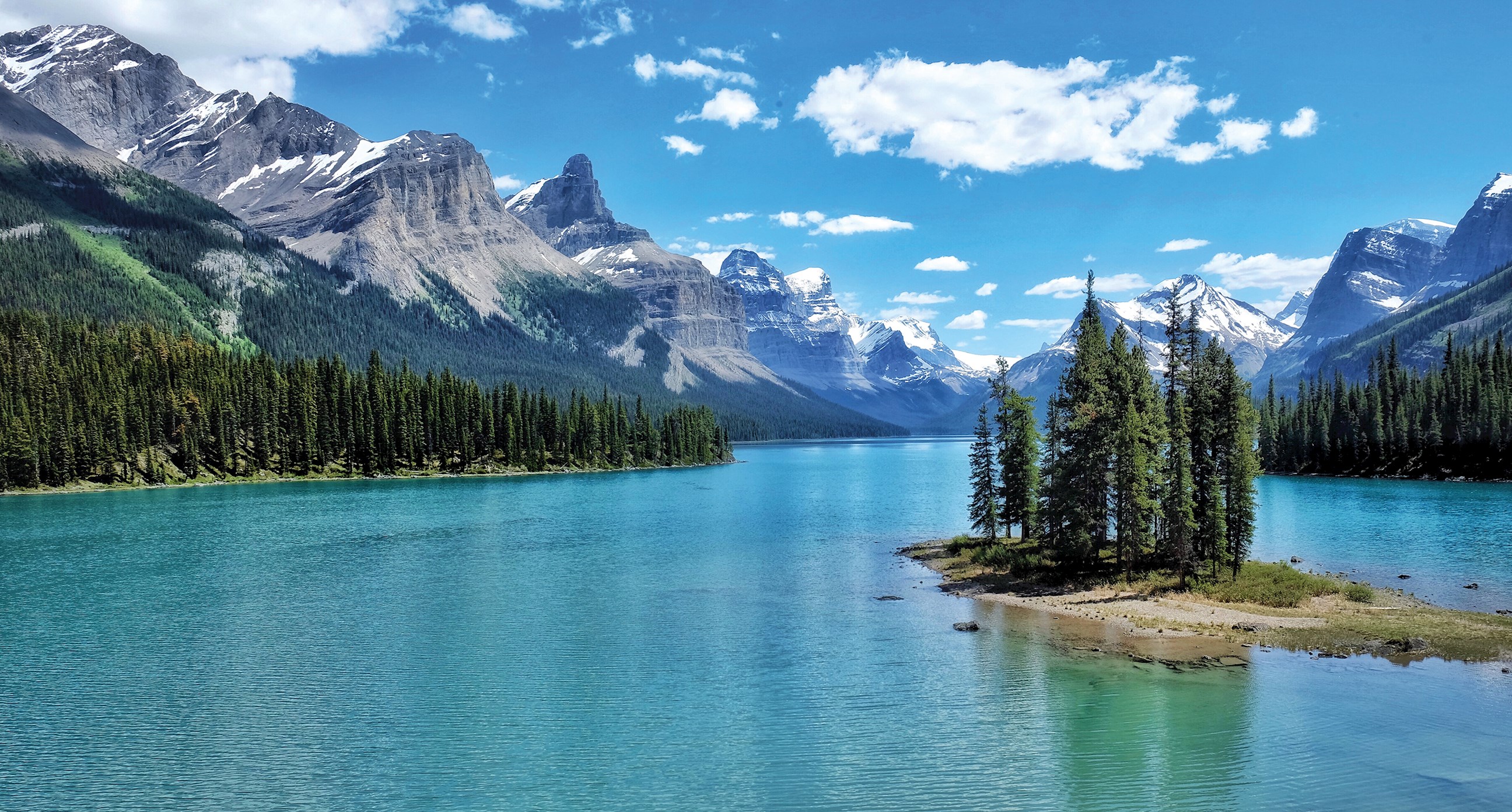A turquoise lake surrounded by dense evergreen forest in the Canadian Rockies